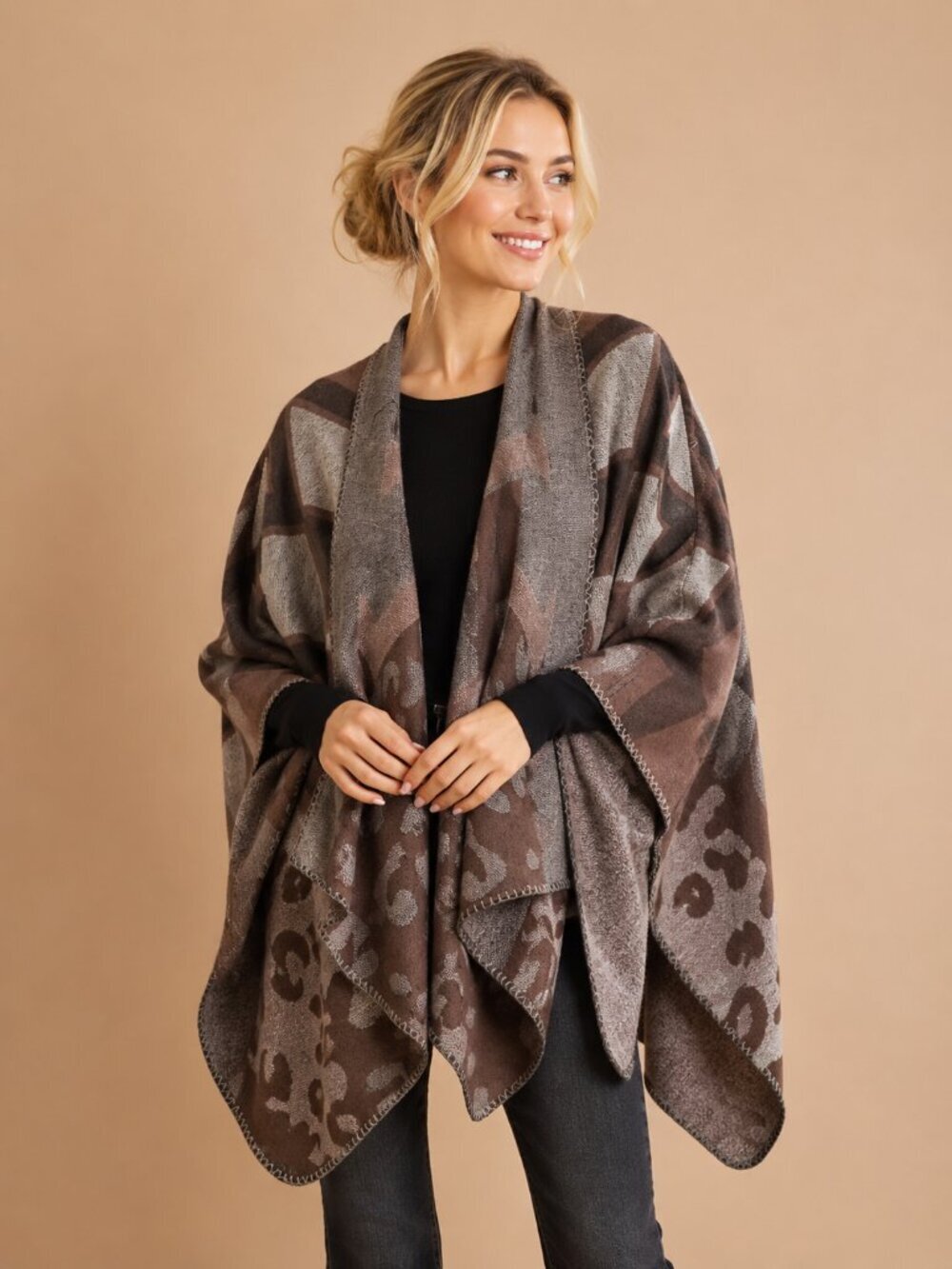2/$30 NEW Boho Diamond Cheetah Ruana Oversized Open Wrap Poncho Blanket Scarf